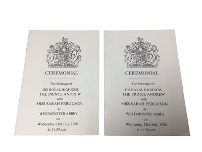 Lot 102 - The Marriage of H.R.H. The Prince Andrew with Miss Sarah Ferguson, 23rd July 1986, three Ceremonials, four Instructions for Ushers, two invitations, two Wedding Breakfast seating plans and rel...