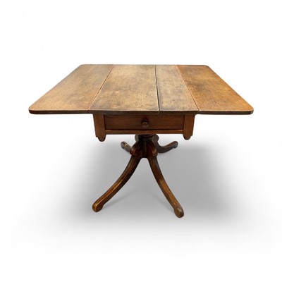 Lot 5367 - Early 19th century oak drop leaf table on four splayed legs, single drawer, 97.5cm x 91cm when extended, 67.5cm high