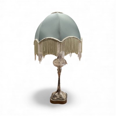 Lot 3108 - Art Nouveau glass and silver plate oil lamp converted to a table lamp