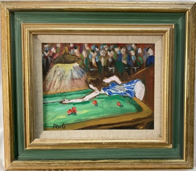 Lot 111 - John Pawle (1915-2010) oil on board, Snooker - The Lady Champion, signed, dated ‘92, 20 x 25cm, in glazed frame, together to with a quantity of John Pawle exhibition catalogues and invitations.