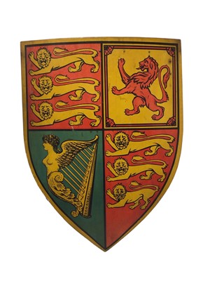Lot 106 - 1950s Royal Coat of Arms polychrome decorated shield, probably made for a Coronation display, 61 x 46cm