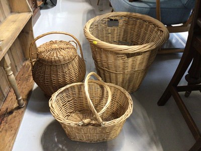 Lot 5353 - Wicker log basket together with two other wicker baskets