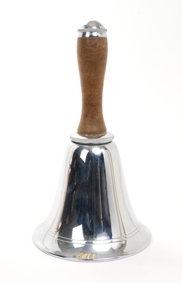 Lot 474 - Art Deco novelty chromium plated cocktail shaker in the form of a bell, with turned wood handle and engraved initials, stamped Pat. Pend.to base, 28cm in overall height.