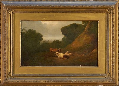 Lot 1167 - Manner of Philip de Loutherbourg (1740-1812) oil on canvas - Livestock at Rest, 22cm x 37cm, in gilt frame