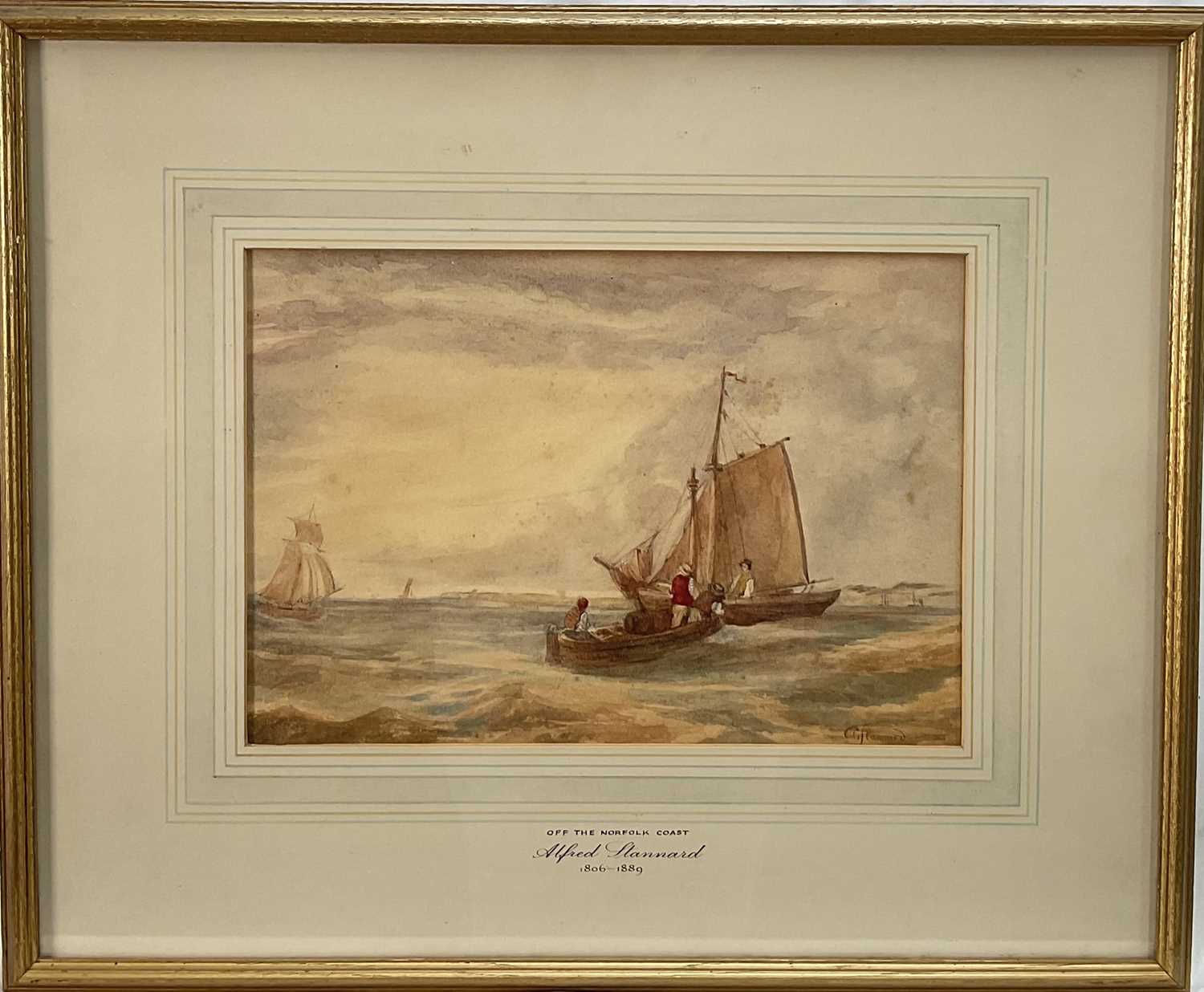 Lot 1165 - Alfred Stannard (1806-1889) watercolour - Off the Norfolk Coast, signed, 19.5cm x 28.5cm, in glazed gilt frame. Provenance: Bonhams, East Anglian View, 6th October 2004, lot 94.
