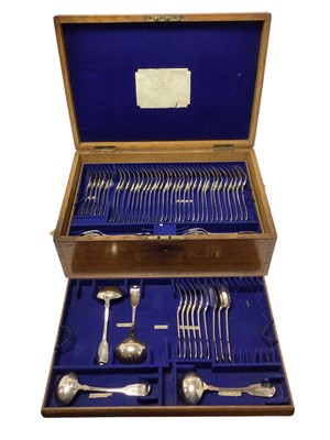 Lot 480 - Composite George III and later silver canteen of fiddle and fiddle and thread pattern cutlery comprising, x18 table spoons x1 basting spoon, x12 dessert spoons, x30 table forks, x18 dessert fork...