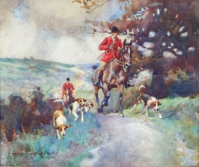 Lot 1164 - *George Motram Moorhouse (1882-1960) watercolour - Huntsman and Hounds, signed and dated 1912, 24cm x 29cm, in glazed gilt frame