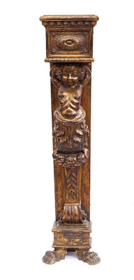 Lot 1269 - Classical style pier bracket, with square plinth on caryatid support and lion paw feet, probably early 20th century, 135cm high