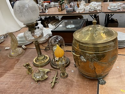 Lot 2958 - Group of brass including oil lamp, brass lidded coal box, anniversary clock, figural candlestick and figure of Spinaro