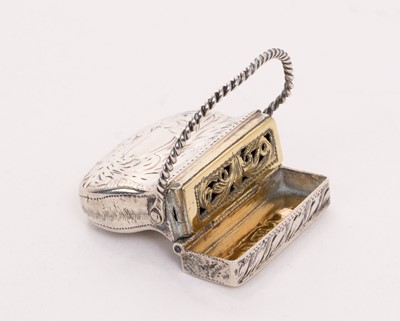 Lot 487 - William IV silver vinaigrette, in the form of a lady's handbag / purse, with engraved decoration and hinged cover, opening to reveal a silver gilt interior and pierced hinged grill (Birmingham 18...