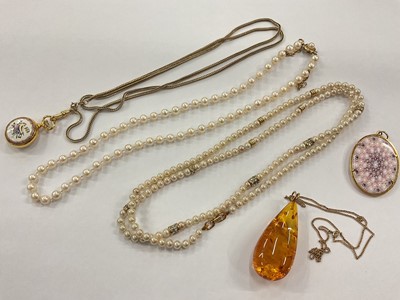 Lot 959 - Amber pendant with gold mount on 9ct gold chain, Halcyon Days enamel fob watch on silver gilt chain, cultured pearl necklace, simulated pearl necklace and a millefiori glass pendant