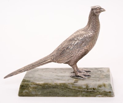 Lot 488 - Contemporary silver model of a cock pheasant, mounted on a marble base, 11cm in overall height (including base), N.B. Hallmarked for Birmingham, but date letter illegible, as marks are to...