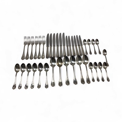 Lot 489 - Part canteen of Christofle silver plated cutlery comprising x6 table forks, x6 dessert spoons, x6 table spoons, x9 teaspoons, x6 dessert knives and x6 dinner knives (33 pieces).