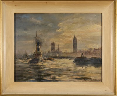 Lot 1162 - Robin Goodwin (1909-1997) oil on canvas - The Thames at Westminster Reach, signed, dated 1951 and titled verso, 36cm x 46cm, framed