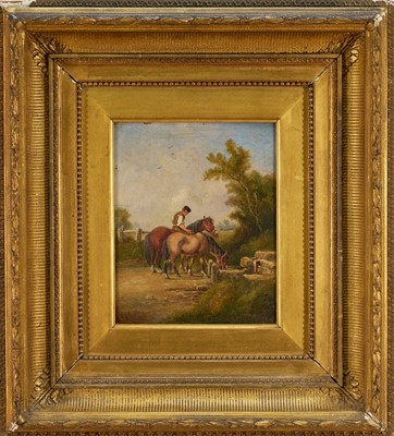 Lot 1163 - English School, 19th century, pair of oils on canvas - Rural Lanes with Cattle and Horses, indistinctly signed and dated, 26cm x 21cm, in gilt frames