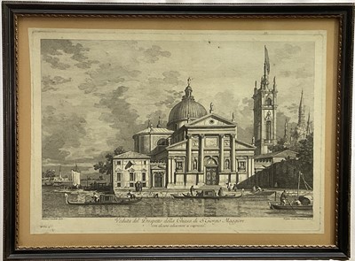 Lot 1171 - Group of six antique black and white engravings depicting Venetian scenes including one after Canaletto, in glazed Hogarth frames (6)