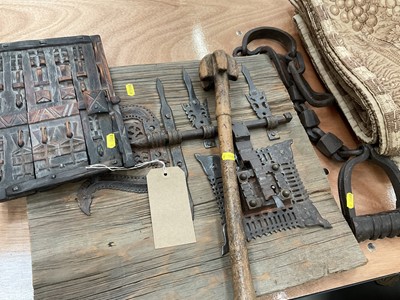 Lot 2940 - Quran door, eastern metalwork fitting, pestle and substantial manacle