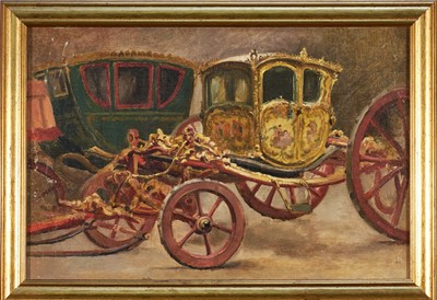 Lot 1177 - Manner of Sir Alfred Munnings (1878-1959) oil sketch on canvas - A Carriage, coupé de gala of Portuguese origin, 30cm x 45cm, in gilt frame. NB: it appears that this particular carriage...