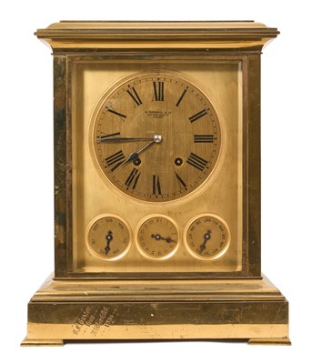 Lot 806 - Unusual Victorian gilt brass cased calendar bracket clock retailed by W. Thornhill, New Bond Street, London with gilt metal dial and three subsidiary dials for day, date and month in four glass c...