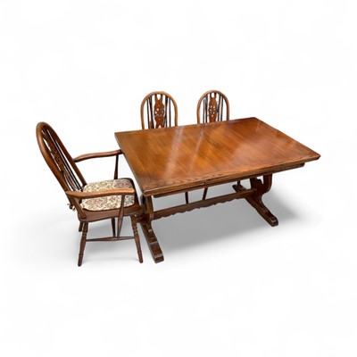 Lot 5371 - Oak refectory style extending dining table and six Windsor chairs (including two carvers), 136cm long x 81.5cm wide x 76cm high