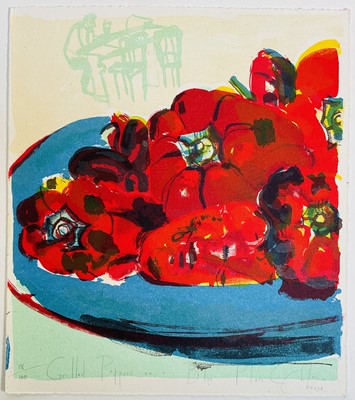 Lot 185 - Chloe Cheese (b. 1952), lithograph - Grilled Peppers on a Blue Plate, signed, titled and numbered 18/100, 23x 20cm. Unframed