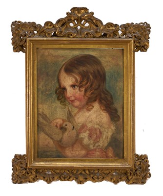 Lot 1006 - European School, early 19th century, oil on board - Portrait of a Girl and a Dove, 38cm x 30cm, in decorative gilt frame