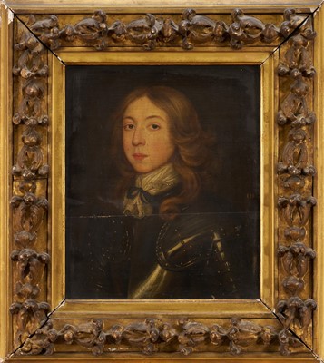 Lot 1000 - English School, mid 17th century, oil on panel - Portrait of a Young Man in Armour, initialled I.H/J.H, 30cm x 25cm, in ornate gilt frame