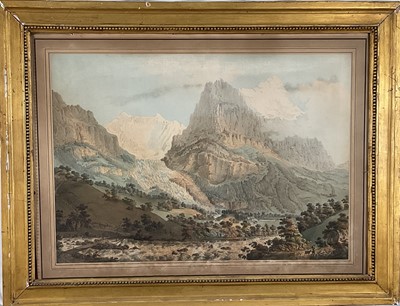 Lot 1003 - Gabriel Ludwig Lory (1763-1840) group of four aquatints - Swiss Views including Grindelwald Glacier, Mount Eiger and Lake Brienz, 35cm x 50cm, together with another similar pair, possibly the sa...