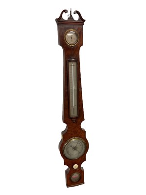 Lot 820 - Early 19th century banjo-shaped barometer of unusual small proportions by J. Donbgani, Newcastle with silvered dials in mahogany case with swan neck pediment 92cm high