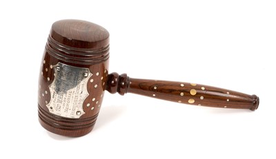 Lot 839 - Substantial Victorian rosewood and mother of pearl inlaid gavel, mounted with silver plaque engraved to Sir W. H. Marling Bart. (Sir William Henry Marling (1835-1919) on his laying the Memorial...