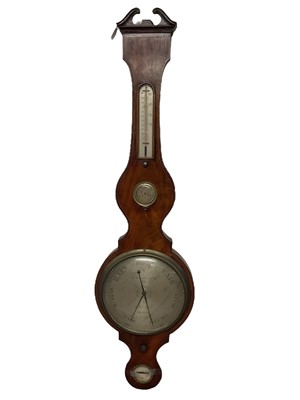 Lot 821 - Early 19th century banjo barometer / thermometer by J. Somalvice & Son, Holborn with silvered dials in inlaid mahogany vase 112cm high