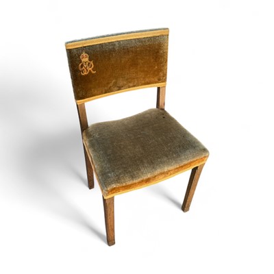 Lot 118 - The Coronation of H.M. King George VI, 1937, scarce Coronation chair with original velvet upholstery and crowned GRVI cypher, with limed oak frame, stamped marks to underside