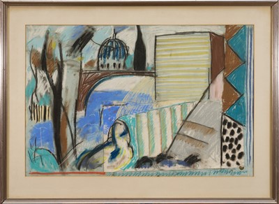 Lot 1915 - Caroline McNairn (1955-2010) pastel and collage - City Scape, signed and dated '84, 51cm x 77cm, in glazed frame. Provenance: Leinster Fine Art, London
