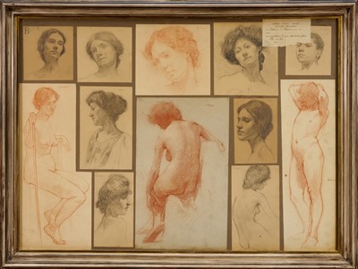 Lot 1185 - Sylvan G. Boxsius (1878-1941) framed collection of pencil and crayon studies, each with E.S.K. (Examined South Kensington) blindstamp and a note of how long each sketch took, applied label for L...