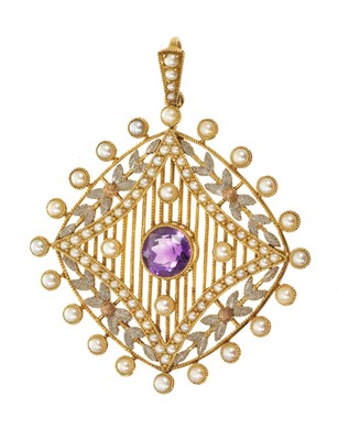 Lot 747 - Edwardian Belle Époque gold and platinum pendant with amethyst and seed pearls