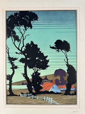 Lot 1191 - Attributed to Sylvan G. Boxsius (1878-1941) hand-coloured woodcut over a printed base - Autumn, 35.5cm x 26.5cm, mounted