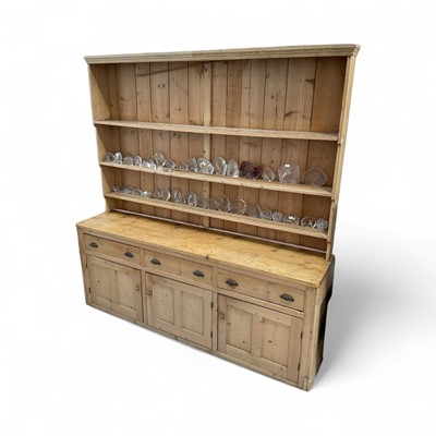 Lot 5392 - Large pine country house dresser, 247cm wide x 56.5cm deep x 254cm high