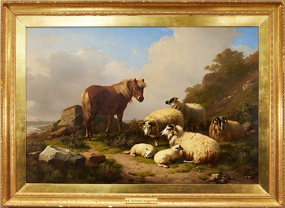 Lot 1004 - Eugène Verboeckhoven (1798/99-1881) fine oil on panel - 'Companions off the Coast', signed and dated 1868, inscribed and further signed and dated verso, 77cm x 113cm, in gilt frame