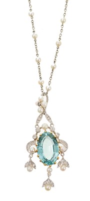 Lot 649 - Edwardian style Belle Époque aquamarine diamond and pearl pendant necklace with an oval mixed cut aquamarine measuring approximately 15mm x 9.5mm x 6.4mm, in diamond set floral scrolls with arti...