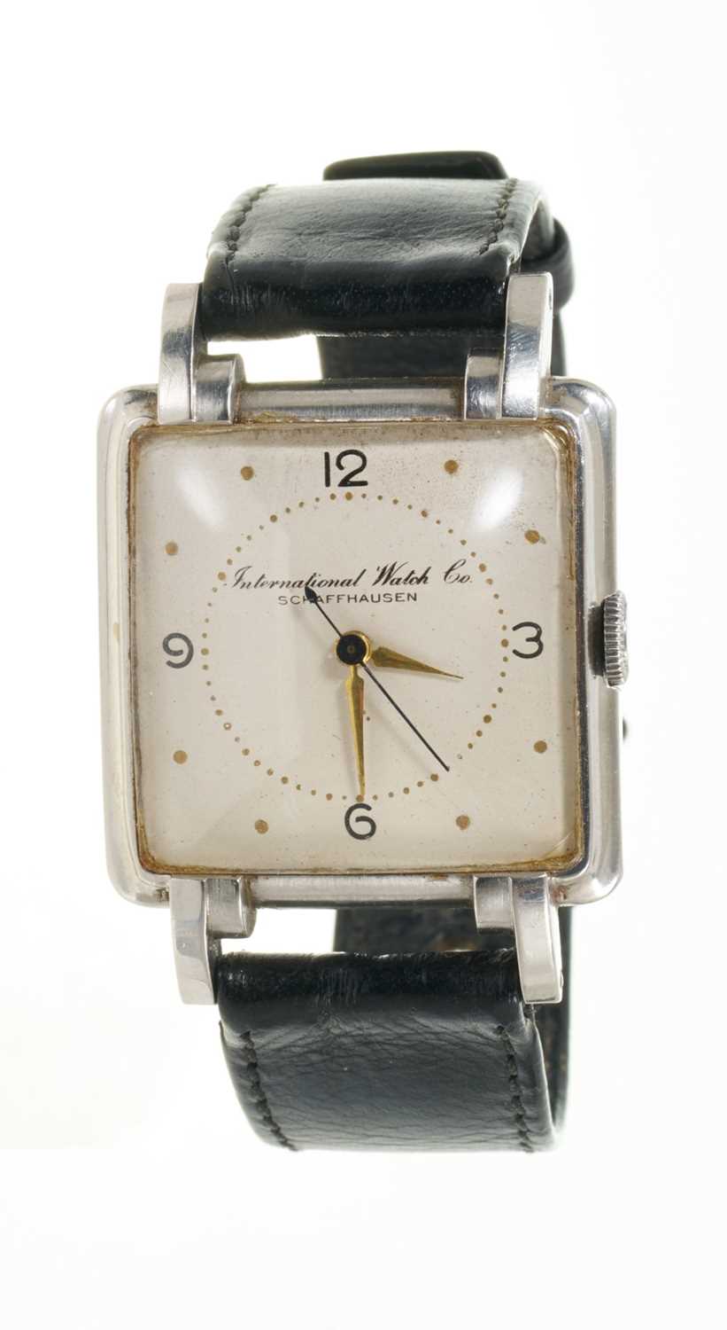 Lot 772 - Art Deco IWC wristwatch, with manual-wind movement, the square dial with Arabic and gold dot hour markers, gold hands and blued steel centre seconds, signed International Watch Co. Schaffhausen, in...