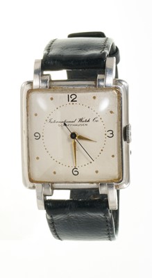 Lot 772 - Art Deco IWC wristwatch, with manual-wind movement, the square dial with Arabic and gold dot hour markers, gold hands and blued steel centre seconds, signed International Watch Co. Schaffhausen, in...