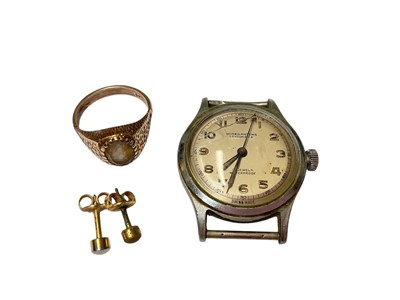 Lot 193 - 9ct gold gem set ring, pair of stud earrings and vintage Winegartens stainless steel watch