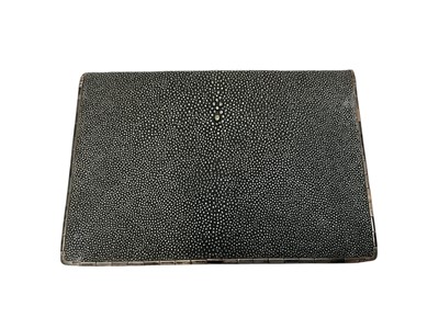Lot 2539 - Good quality 1920s silver mounted shagreen evening bag with silk lined interior containing purse and mirror, hallmarked silver mounts (London 1929), 21cm.