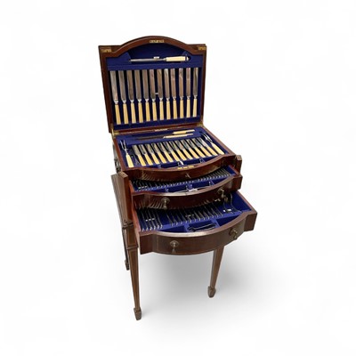 Lot 5214 - Edwardian silver plated canteen of cutlery and flatware in mahogany cabinet on stand