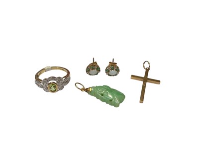 Lot 119 - 9ct gold peridot and diamond dress ring, pair of 9ct gold opal cluster earrings, 9ct gold cross pendant and a carved jade / green hardstone pendant