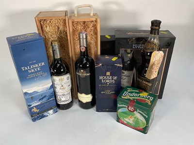 Lot 30 - Group of wines and spirits, including House of Lords 12 year scotch whisky, Talisker Skye single malt scotch whisky, Canadian Club whisky gift set, Underberg digestif, Le Grand Thouar, Amplefort...