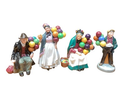 Lot 2210 - Four Royal Doulton figures, including The Old Balloon Seller, The Balloon Man, Biddy Penny Farthing, and Balloon Boy