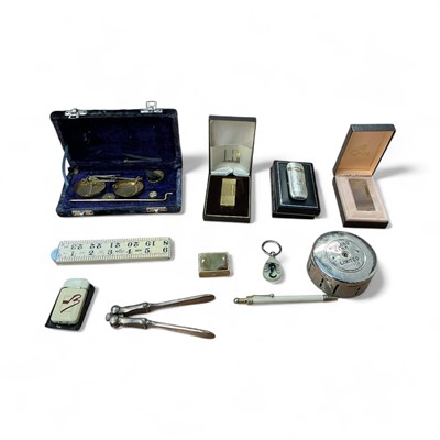 Lot 5222 - Small group of sundries, including Dunhill, Ronson and Colibri lighters, set of jewellery scales, etc