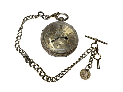 Lot 209 - Edwardian silver cased pocket watch (Chester 1903) on a plated watch chain with coin fob