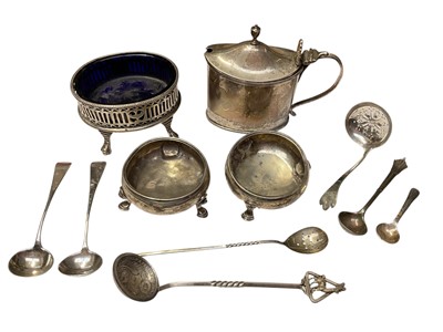 Lot 175 - Pair of George III silver salt cellars of cauldron form, together with a silver mustard pot, another silver salt cellar, Peruvian silver coin spoon and other items (various dates and makers).